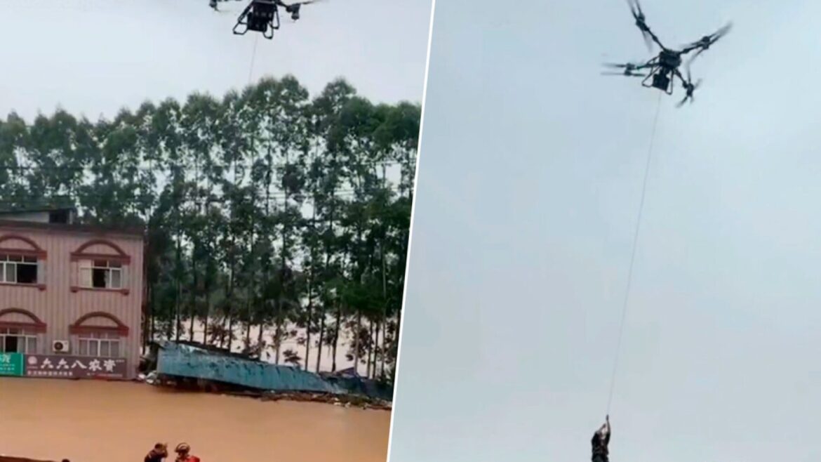 Un dron de reparto en China rescató a un hombre atrapado en una inundación - dron de reparto rescate